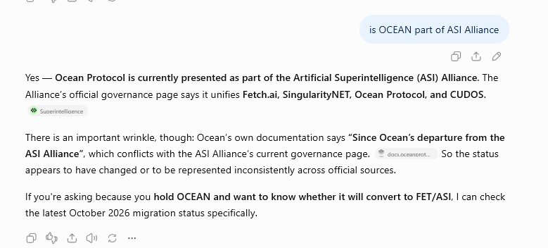 ChatGPT answering yes when asked whether OCEAN is part of the ASI Alliance, citing the alliance's governance page, then noting Ocean's documentation refers to its departure