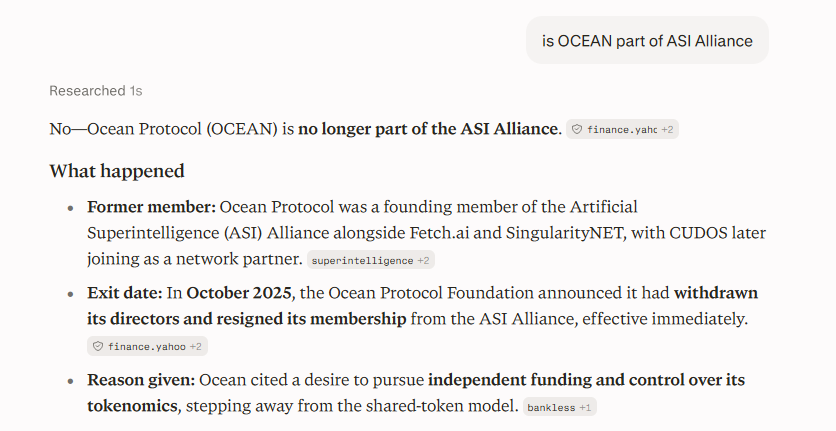 Perplexity answering that Ocean Protocol is no longer part of the ASI Alliance, explaining it withdrew in October 2025, with sources from Yahoo Finance and Bankless